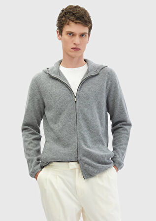 Gri Kapüşonlu Düz Örgü %100 Yün Hırka