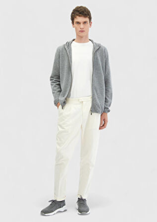 Gri Kapüşonlu Düz Örgü %100 Yün Hırka