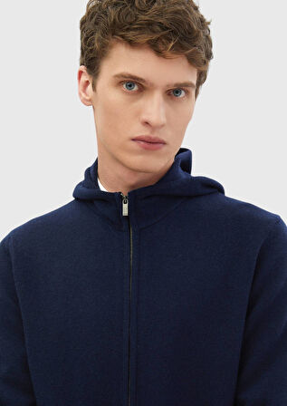 Lacivert Kapüşonlu Düz Örgü %100 Yün Hırka