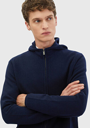 Lacivert Kapüşonlu Düz Örgü %100 Yün Hırka
