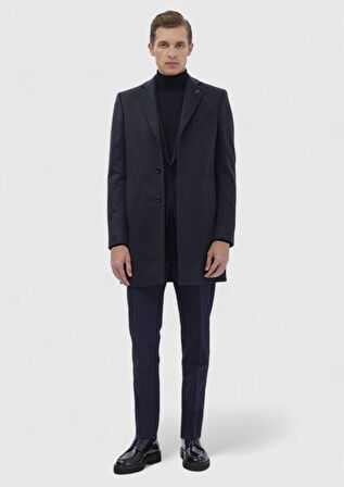 Lacivert Regular Fit Kelebek Yaka Klasik Dokuma Palto