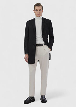 Siyah Regular Fit Kelebek Yaka Klasik Dokuma Palto