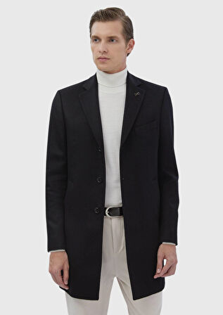 Siyah Regular Fit Kelebek Yaka Klasik Dokuma Palto