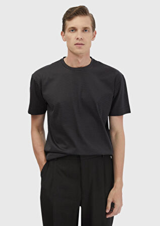 Siyah Çizgili Bisiklet Yaka %100 Pamuk T-Shirt