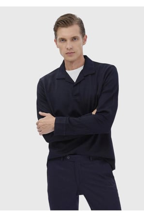 Lacivert Polo Yaka Jakarlı Sweatshırt