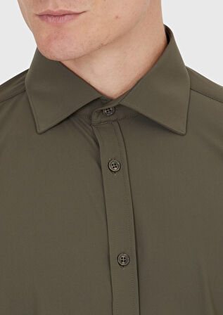 Haki Düz Regular Fit Dokuma Klasik Gömlek