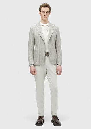 Bej Çizgili Zeroweight Slim Fit Yün Karışımlı Ceket