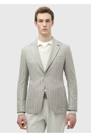 Bej Çizgili Zeroweight Slim Fit Yün Karışımlı Ceket
