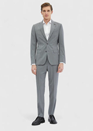 Gri Çizgili Zeroweight Slim Fit %100 Yün Takım Elbise