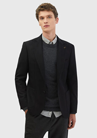 Siyah Desenli Zeroweight Slim Fit Yün Karışımlı Ceket
