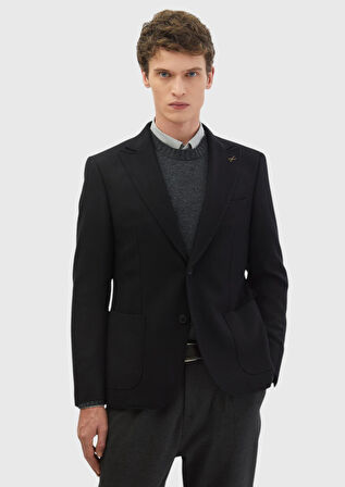 Siyah Desenli Zeroweight Slim Fit Yün Karışımlı Ceket
