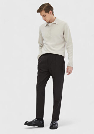 Kum Polo Yaka Düz Örgü Yün Karışımlı Triko Kazak