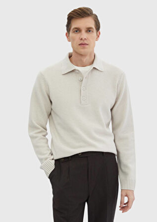 Kum Polo Yaka Düz Örgü Yün Karışımlı Triko Kazak