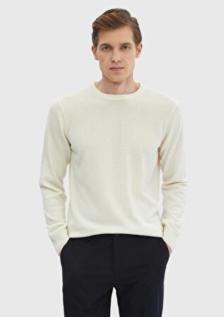 Ekru Bisiklet Yaka Düz Örgü %100 Kaşmir Triko Kazak