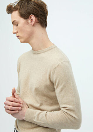 Bej Bisiklet Yaka Düz Örgü %100 Kaşmir Triko Kazak