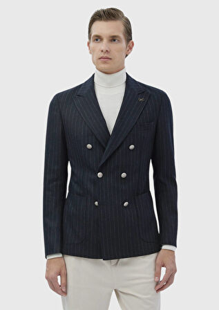 Lacivert Çizgili Shirt Shoulder Slim Fit Yün Karışımlı Ceket