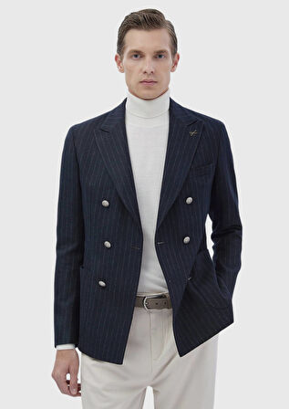 Lacivert Çizgili Shirt Shoulder Slim Fit Yün Karışımlı Ceket