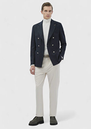 Lacivert Çizgili Shirt Shoulder Slim Fit Yün Karışımlı Ceket