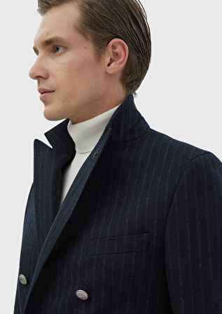 Lacivert Çizgili Shirt Shoulder Slim Fit Yün Karışımlı Ceket