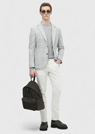 Açık Gri Kareli Shirt Shoulder Slim Fit Yün Karışımlı Ceket