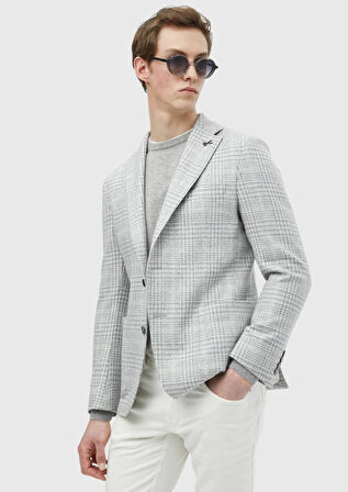 Açık Gri Kareli Shirt Shoulder Slim Fit Yün Karışımlı Ceket