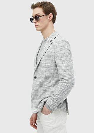 Açık Gri Kareli Shirt Shoulder Slim Fit Yün Karışımlı Ceket