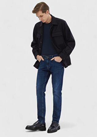 Lacivert Düz Regular Fit Dokuma %100 Yün Overshırt