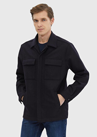 Lacivert Düz Regular Fit Dokuma %100 Yün Overshırt