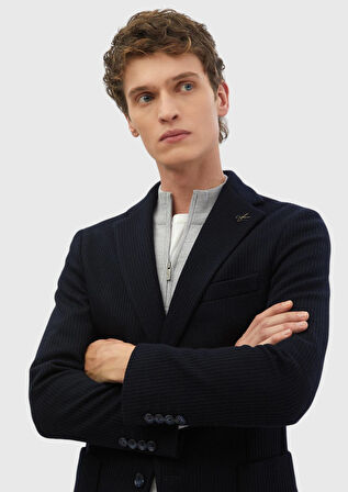 Lacivert Desenli Shirt Shoulder Slim Fit Yün Karışımlı Örme Ceket