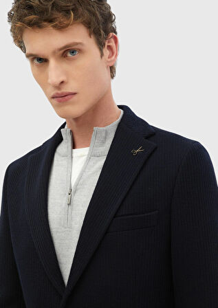 Lacivert Desenli Shirt Shoulder Slim Fit Yün Karışımlı Örme Ceket