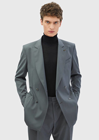 Koyu Gri Çizgili Oversize Fit %100 Yün Takım Elbise