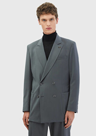 Koyu Gri Çizgili Oversize Fit %100 Yün Takım Elbise