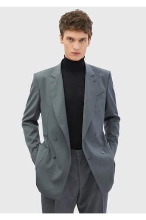 Koyu Gri Çizgili Oversize Fit %100 Yün Takım Elbise