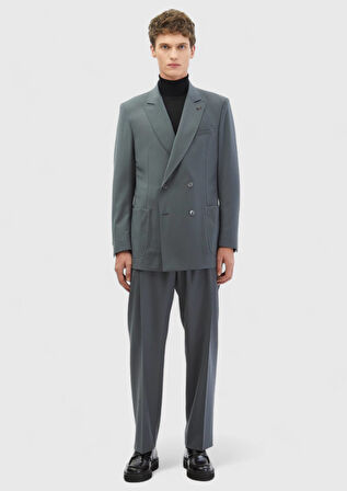 Koyu Gri Çizgili Oversize Fit %100 Yün Takım Elbise