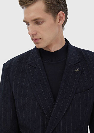 Lacivert Çizgili Oversize Fit Pamuk Karışımlı Takım Elbise