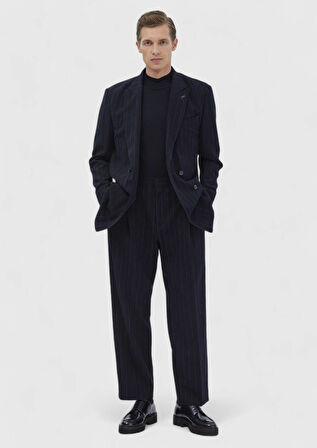 Lacivert Çizgili Oversize Fit Pamuk Karışımlı Takım Elbise