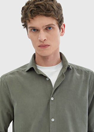 Açık Yeşil Düz Casual Fit Dokuma Kadife Casual %100 Pamuk Gömlek