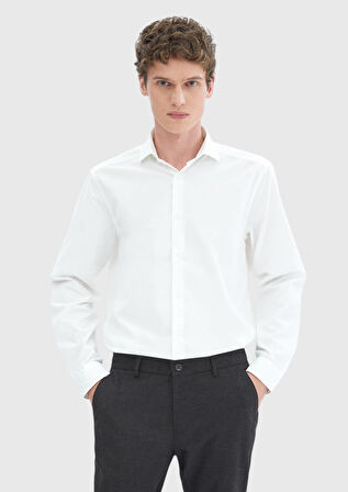 Beyaz Düz Casual Fit Dokuma Kadife Casual %100 Pamuk Gömlek