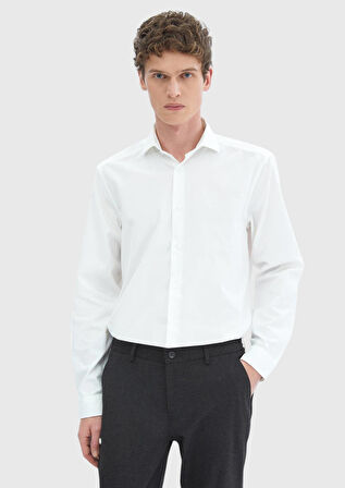 Beyaz Düz Casual Fit Dokuma Kadife Casual %100 Pamuk Gömlek