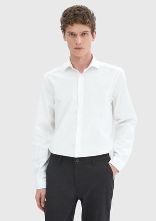 Beyaz Düz Casual Fit Uzun Dokuma Kadife Casual %100 Pamuk Gömlek