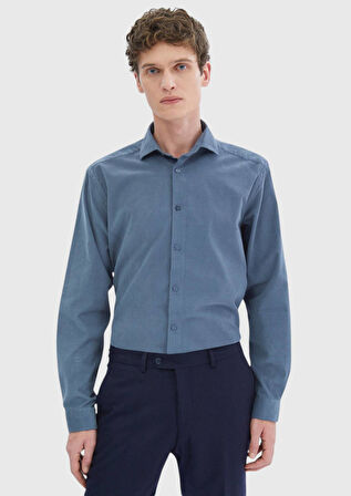 Mavi Düz Casual Fit Dokuma Kadife Casual %100 Pamuk Gömlek