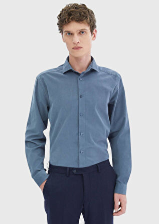 Mavi Düz Casual Fit Dokuma Kadife Casual %100 Pamuk Gömlek