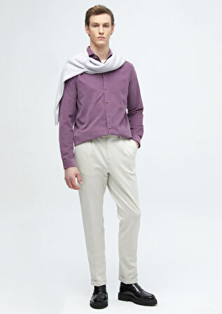 Lila Düz Casual Fit Dokuma Kadife Casual %100 Pamuk Gömlek