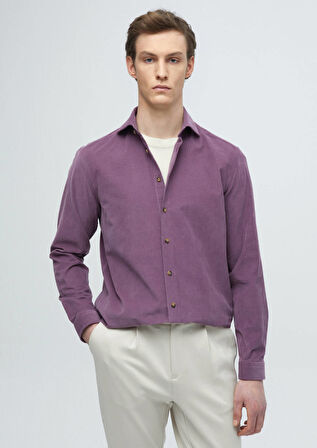 Lila Düz Casual Fit Dokuma Kadife Casual %100 Pamuk Gömlek