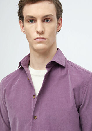 Lila Düz Casual Fit Dokuma Kadife Casual %100 Pamuk Gömlek