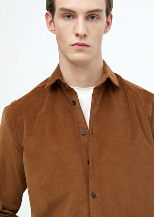 Kahverengi Düz Casual Fit Dokuma Kadife Casual %100 Pamuk Gömlek