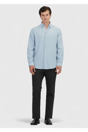 Mavi Düz Loose Fit Dokuma Casual Yün Karışımlı Gömlek