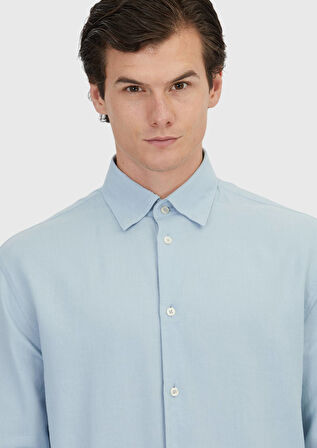 Mavi Düz Loose Fit Dokuma Casual Yün Karışımlı Gömlek