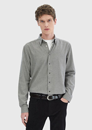 Koyu Gri Desenli Casual Fit Dokuma Casual %100 Pamuk Gömlek