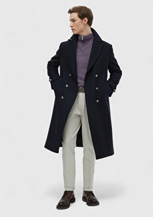 Lacivert Regular Fit Kruvaze Yaka Casual Dokuma Palto
